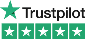 Trustpilot logo with green star symbol, black wordmark, and five-star rating bar