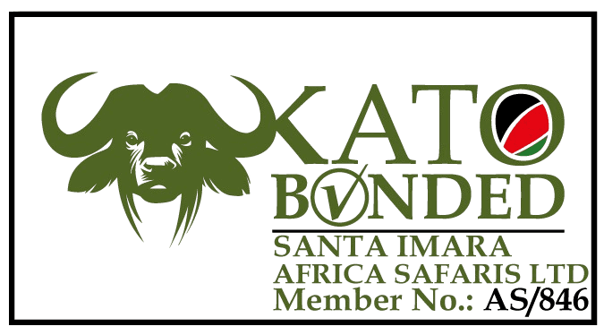 KATO Bonded logo with buffalo head icon and Santa Imara Africa Safaris Ltd membership text on black background