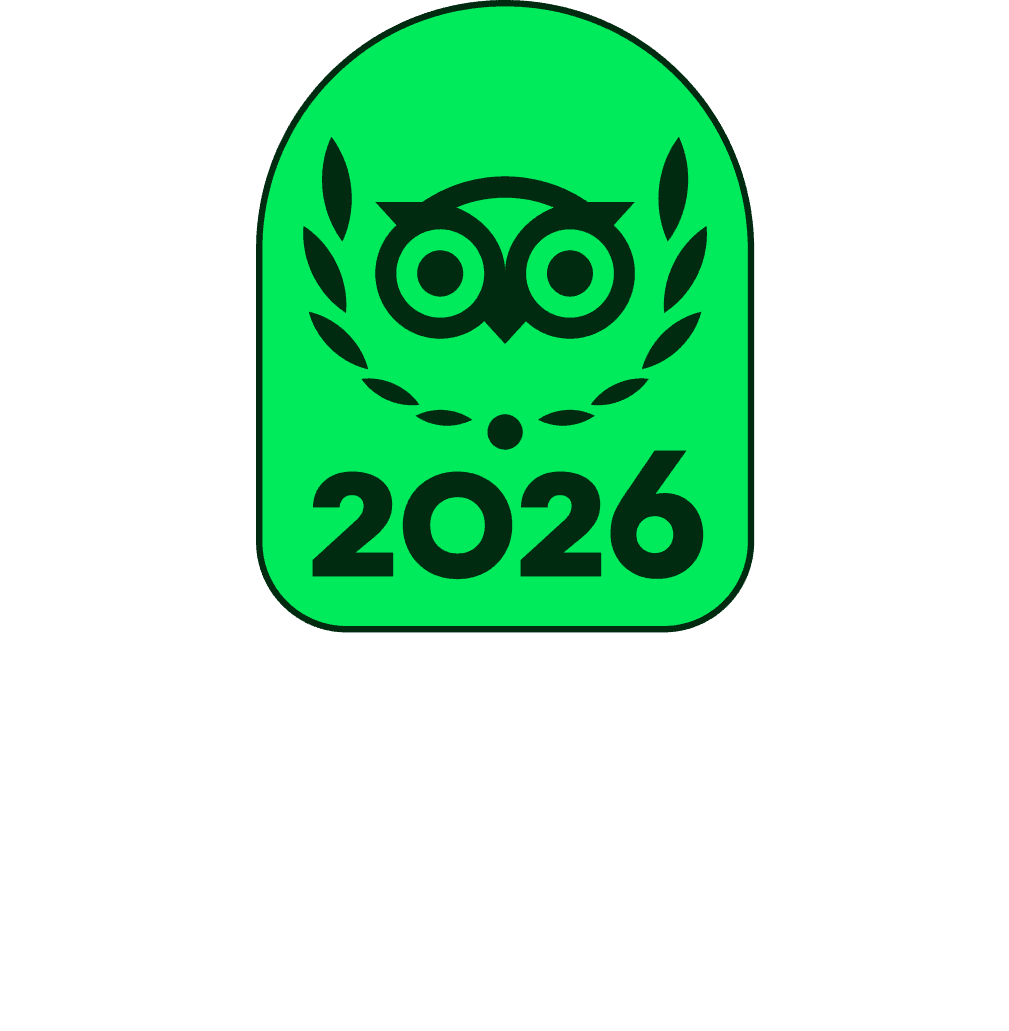 Tripadvisor Travelers’ Choice 2026 badge logo with green owl emblem and white text on black