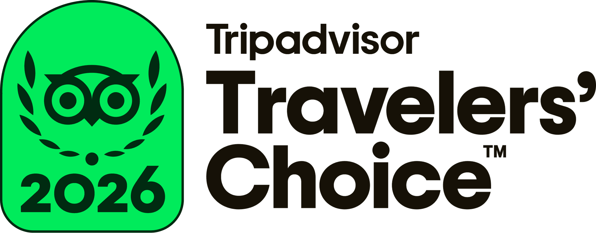 Tripadvisor Travelers’ Choice 2026 badge with owl icon and black lettering on a bright green background