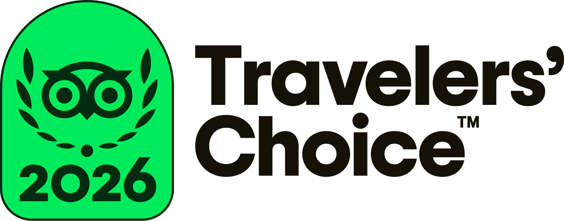 Tripadvisor Travelers’ Choice 2026 badge with green owl emblem and black text on a black background