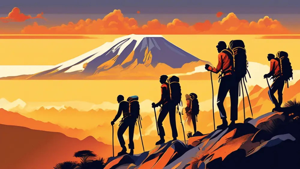 Climbers preparing gear for their journey up Kilimanjaro, showcasing essential equipment for a successful summit.